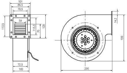 單進(jìn)風(fēng)前傾式蝸殼離心風(fēng)機YWFF140外形尺寸圖