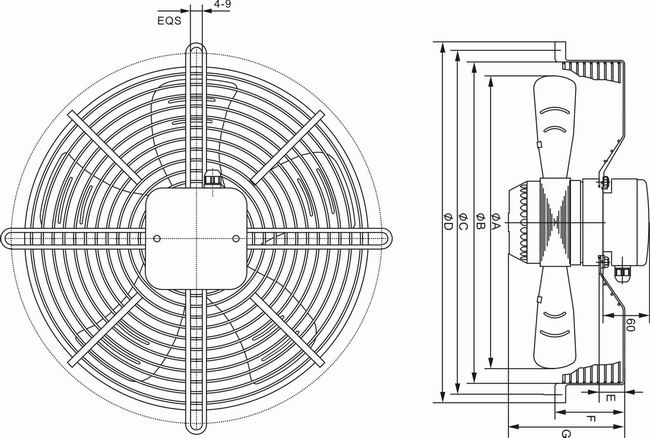 外轉(zhuǎn)子軸流風機YWF450外形尺寸圖