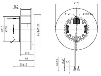 EC后傾式離心風(fēng)機(jī)175mm外形尺寸圖